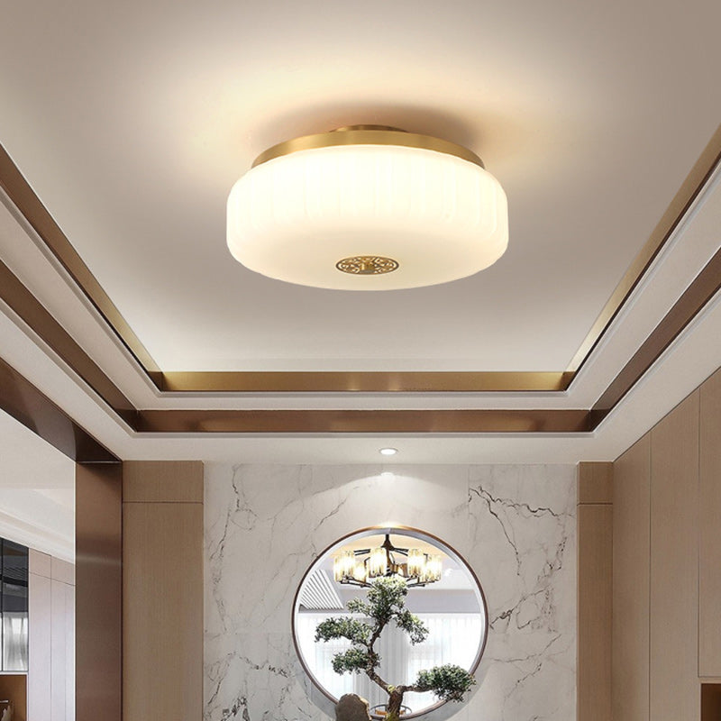 Traditional Chinese Round Glass Copper LED Flush Mount Ceiling Light For Bedroom