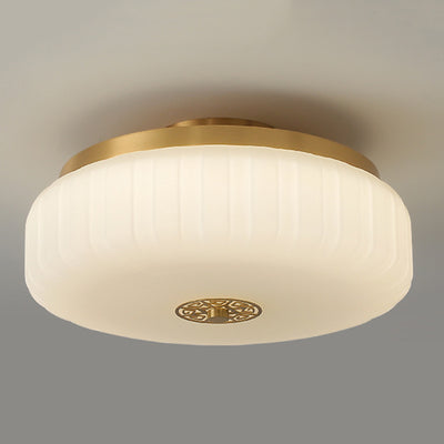 Traditional Chinese Round Glass Copper LED Flush Mount Ceiling Light For Bedroom