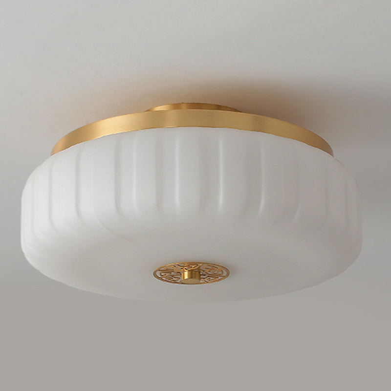 Traditional Chinese Round Glass Copper LED Flush Mount Ceiling Light For Bedroom