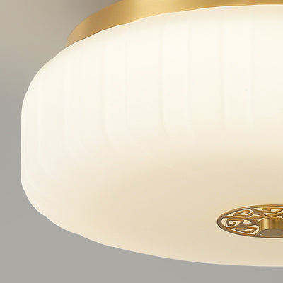 Traditional Chinese Round Glass Copper LED Flush Mount Ceiling Light For Bedroom