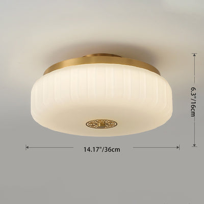 Traditional Chinese Round Glass Copper LED Flush Mount Ceiling Light For Bedroom