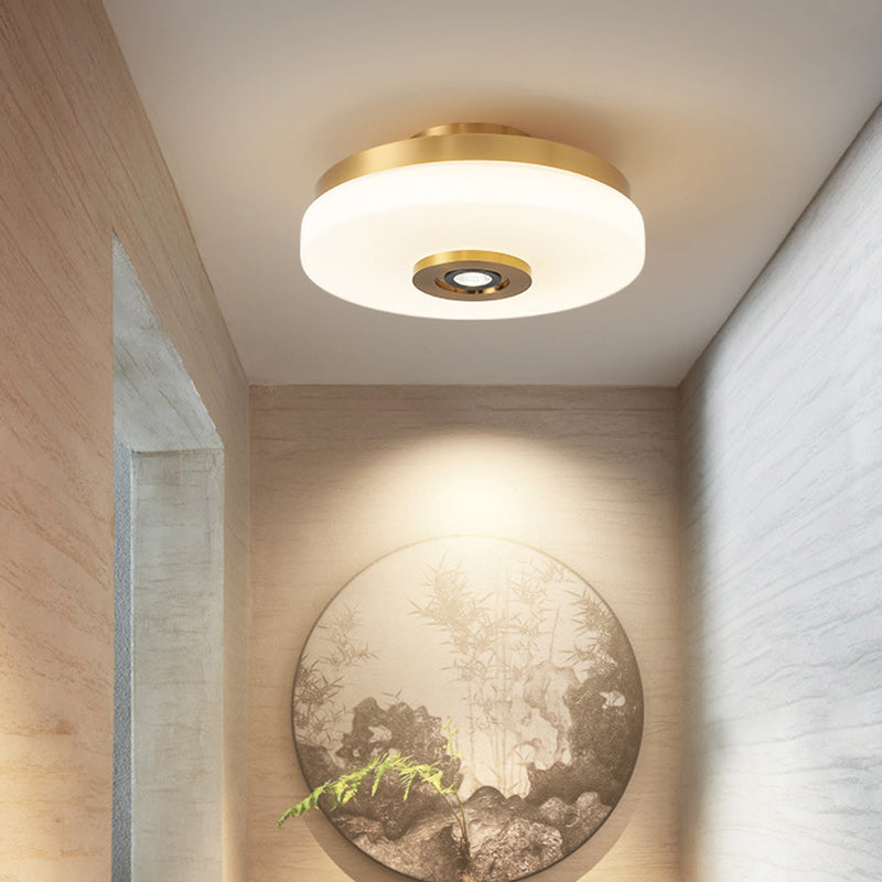 Traditional Chinese Round Glass Copper LED Flush Mount Ceiling Light For Bedroom