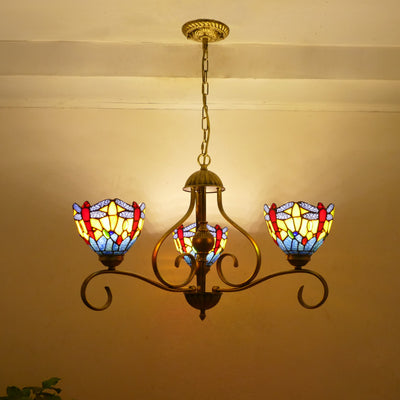 Traditional Tiffany Semicircular Curved Branch Glass Iron 3-Light Chandeliers For Living Room