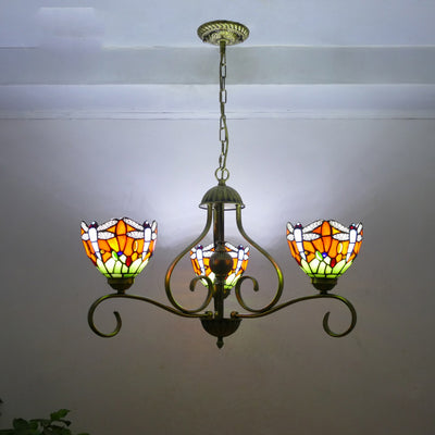 Traditional Tiffany Semicircular Curved Branch Glass Iron 3-Light Chandeliers For Living Room