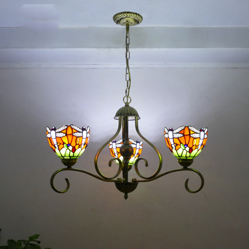 Traditional Tiffany Semicircular Curved Branch Glass Iron 3-Light Chandeliers For Living Room