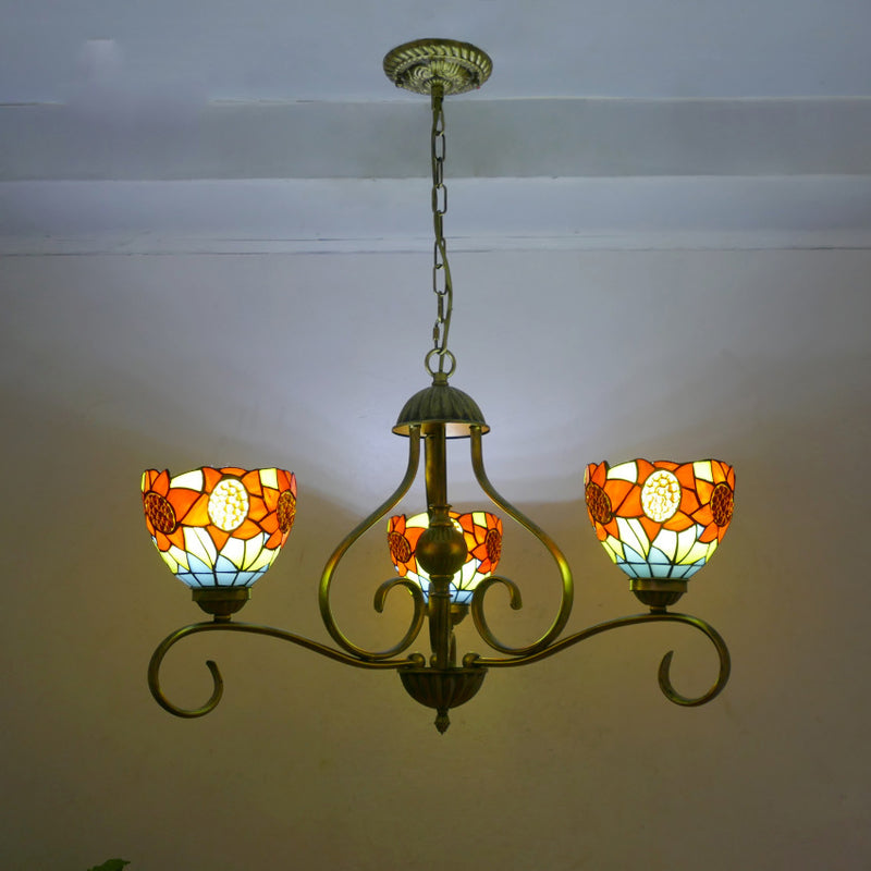 Traditional Tiffany Semicircular Curved Branch Glass Iron 3-Light Chandeliers For Living Room