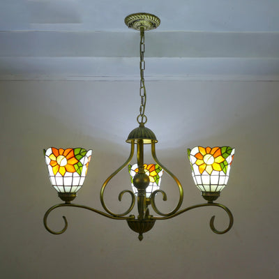 Traditional Tiffany Semicircular Curved Branch Glass Iron 3-Light Chandeliers For Living Room