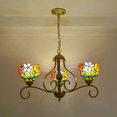 Traditional Tiffany Semicircular Curved Branch Glass Iron 3-Light Chandeliers For Living Room