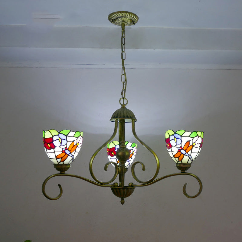 Traditional Tiffany Semicircular Curved Branch Glass Iron 3-Light Chandeliers For Living Room