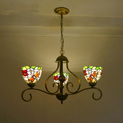 Traditional Tiffany Semicircular Curved Branch Glass Iron 3-Light Chandeliers For Living Room