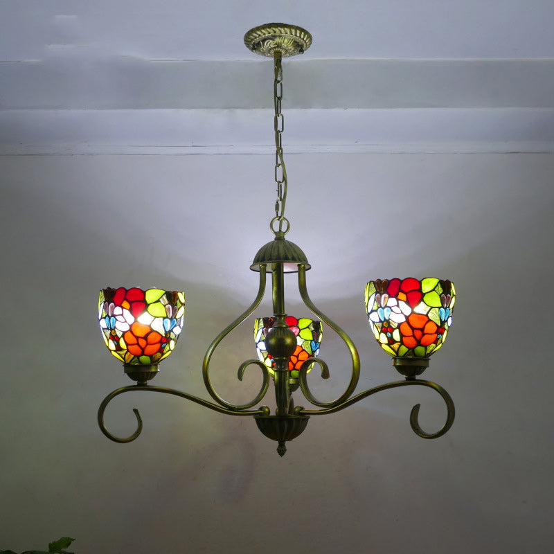 Traditional Tiffany Semicircular Curved Branch Glass Iron 3-Light Chandeliers For Living Room