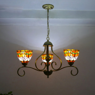 Traditional Tiffany Semicircular Curved Branch Glass Iron 3-Light Chandeliers For Living Room