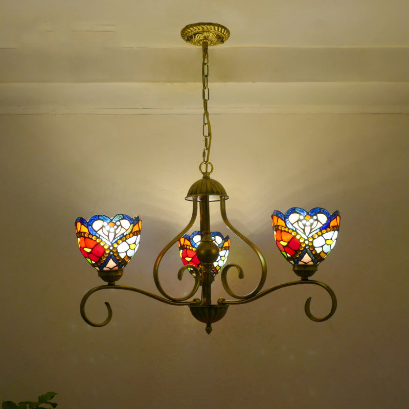 Traditional Tiffany Semicircular Curved Branch Glass Iron 3-Light Chandeliers For Living Room