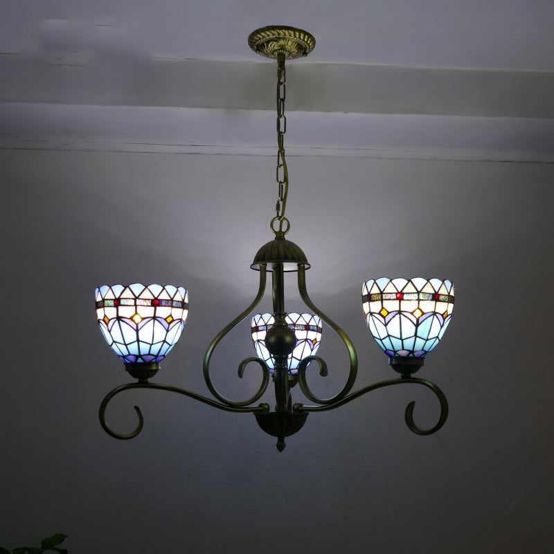 Traditional Tiffany Semicircular Curved Branch Glass Iron 3-Light Chandeliers For Living Room