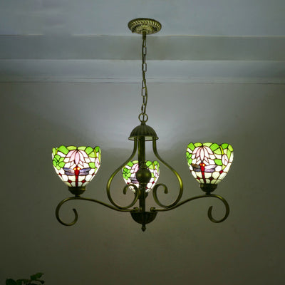 Traditional Tiffany Semicircular Curved Branch Glass Iron 3-Light Chandeliers For Living Room