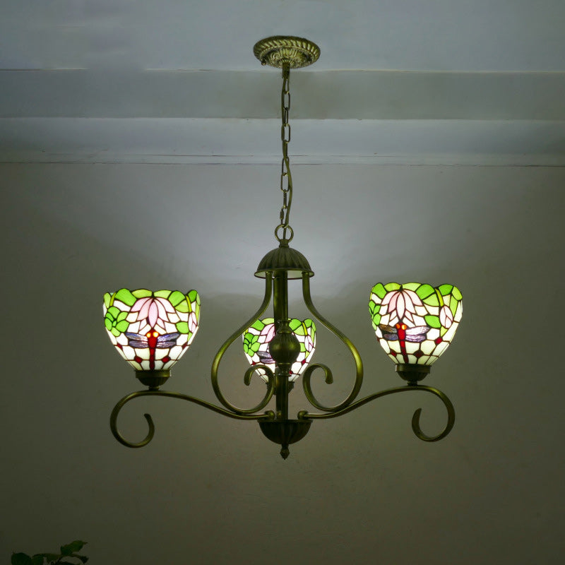 Traditional Tiffany Semicircular Curved Branch Glass Iron 3-Light Chandeliers For Living Room