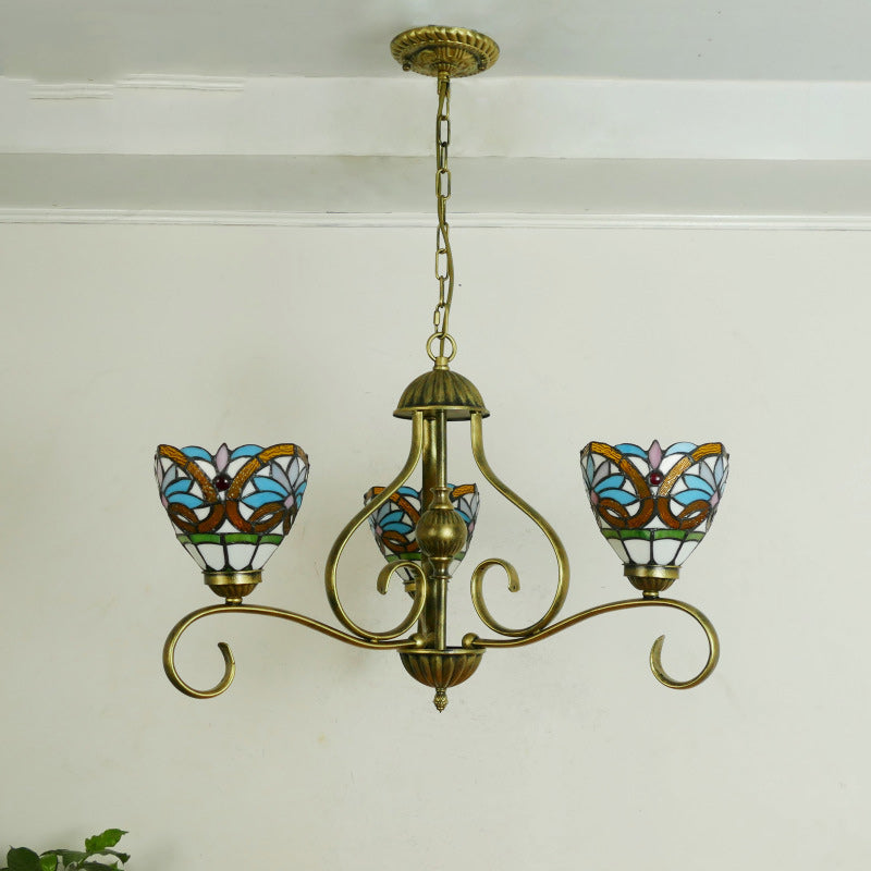 Traditional Tiffany Semicircular Curved Branch Glass Iron 3-Light Chandeliers For Living Room