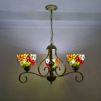 Traditional Tiffany Semicircular Curved Branch Glass Iron 3-Light Chandeliers For Living Room