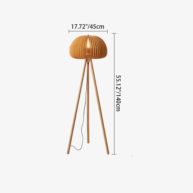 Traditional Japanese Pumpkin Triangle Support Solid Wood 1-Light Standing Floor Lamp For Bedroom