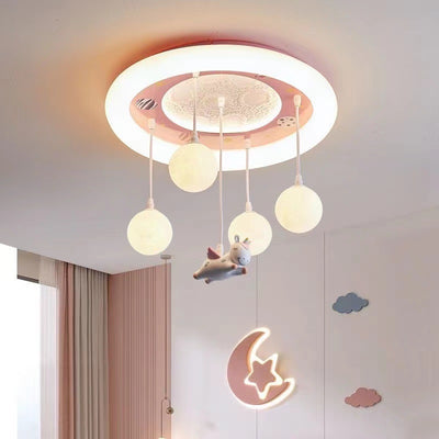 Contemporary Creative Astronaut Unicorn Round Acrylic Resin Iron LED Flush Mount Ceiling Light For Bedroom