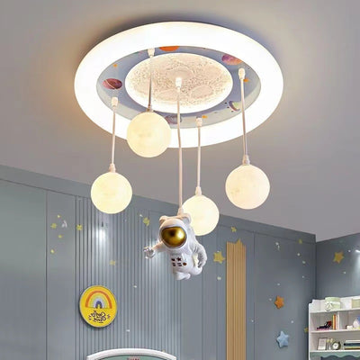 Contemporary Creative Astronaut Unicorn Round Acrylic Resin Iron LED Flush Mount Ceiling Light For Bedroom