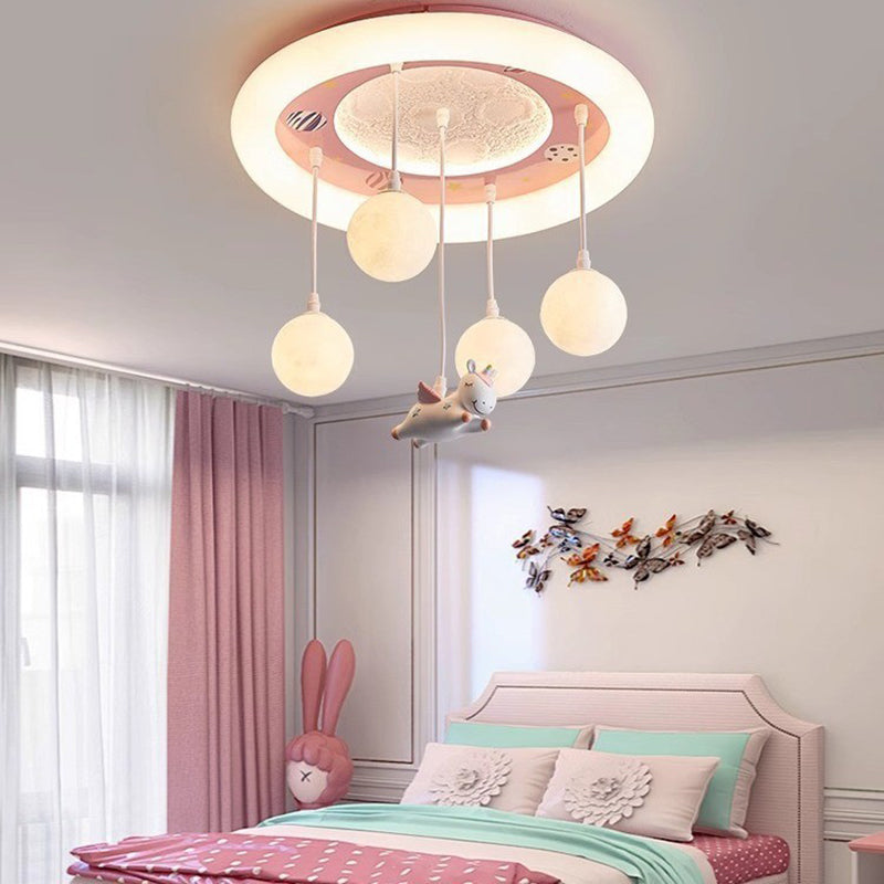 Contemporary Creative Astronaut Unicorn Round Acrylic Resin Iron LED Flush Mount Ceiling Light For Bedroom