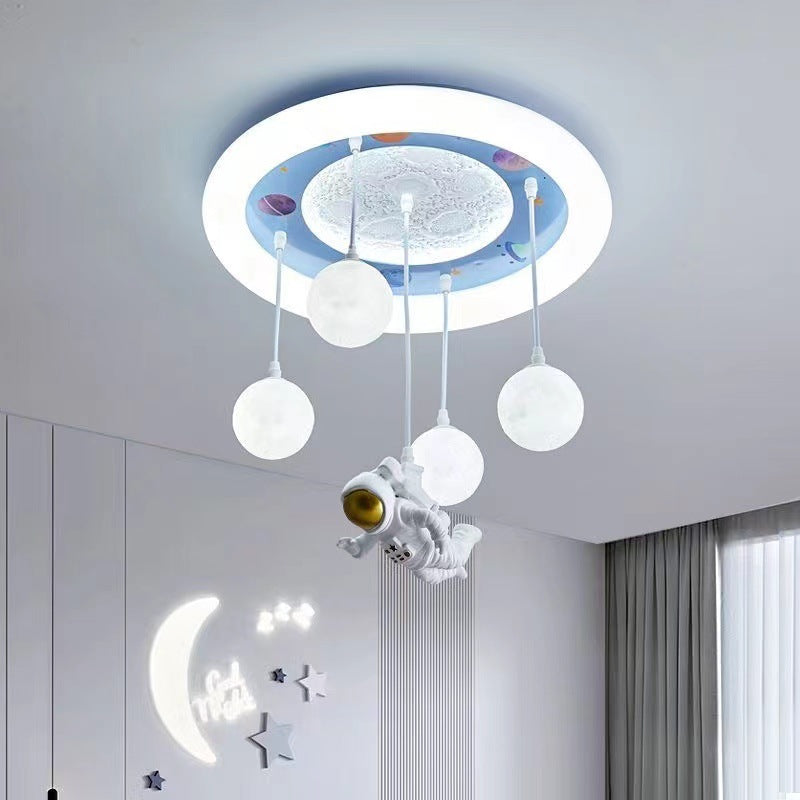 Contemporary Creative Astronaut Unicorn Round Acrylic Resin Iron LED Flush Mount Ceiling Light For Bedroom