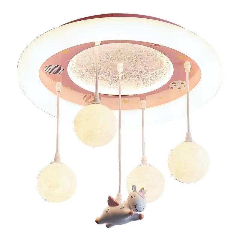 Contemporary Creative Astronaut Unicorn Round Acrylic Resin Iron LED Flush Mount Ceiling Light For Bedroom