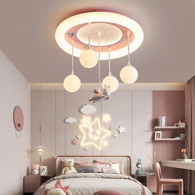 Contemporary Creative Astronaut Unicorn Round Acrylic Resin Iron LED Flush Mount Ceiling Light For Bedroom