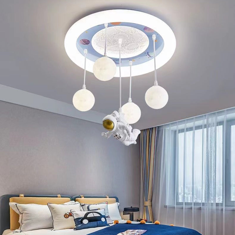 Contemporary Creative Astronaut Unicorn Round Acrylic Resin Iron LED Flush Mount Ceiling Light For Bedroom