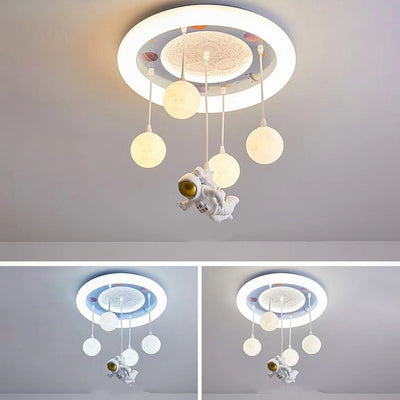 Contemporary Creative Astronaut Unicorn Round Acrylic Resin Iron LED Flush Mount Ceiling Light For Bedroom