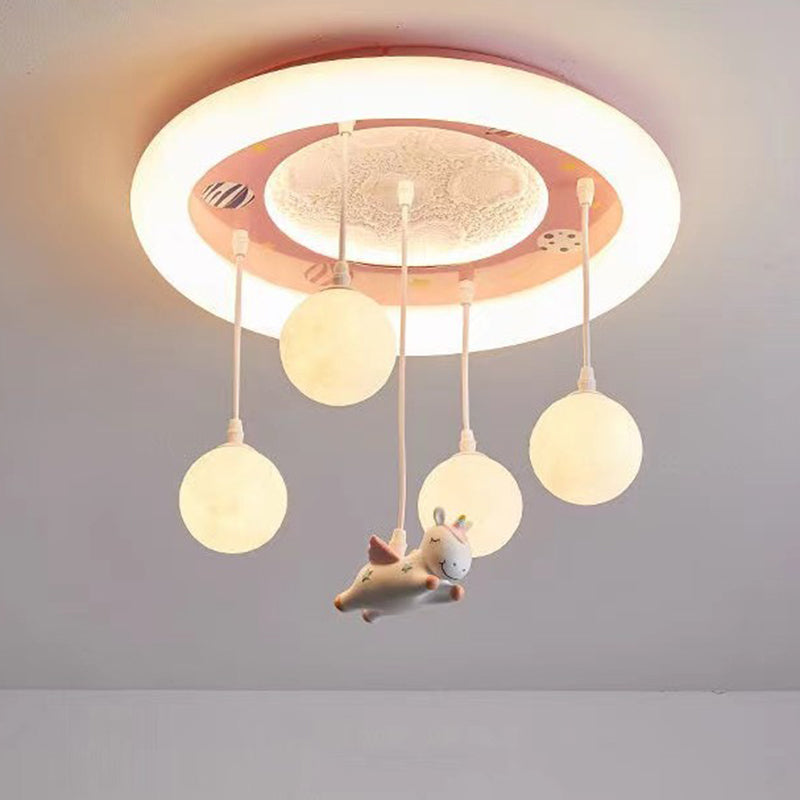 Contemporary Creative Astronaut Unicorn Round Acrylic Resin Iron LED Flush Mount Ceiling Light For Bedroom