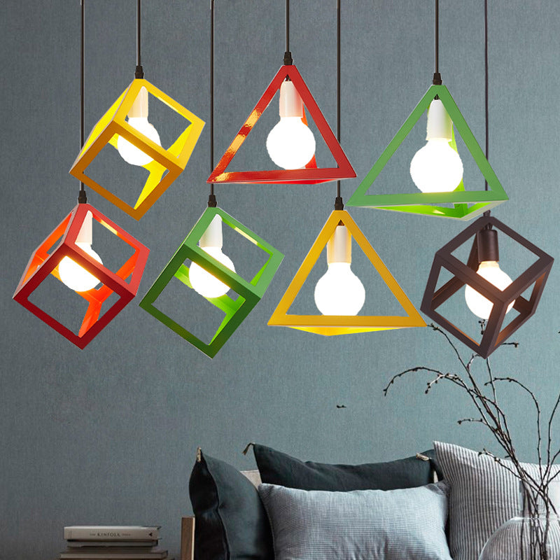 Contemporary Industrial Square Triangle Skeleton Iron 1-Light Pendant Light For Living Room