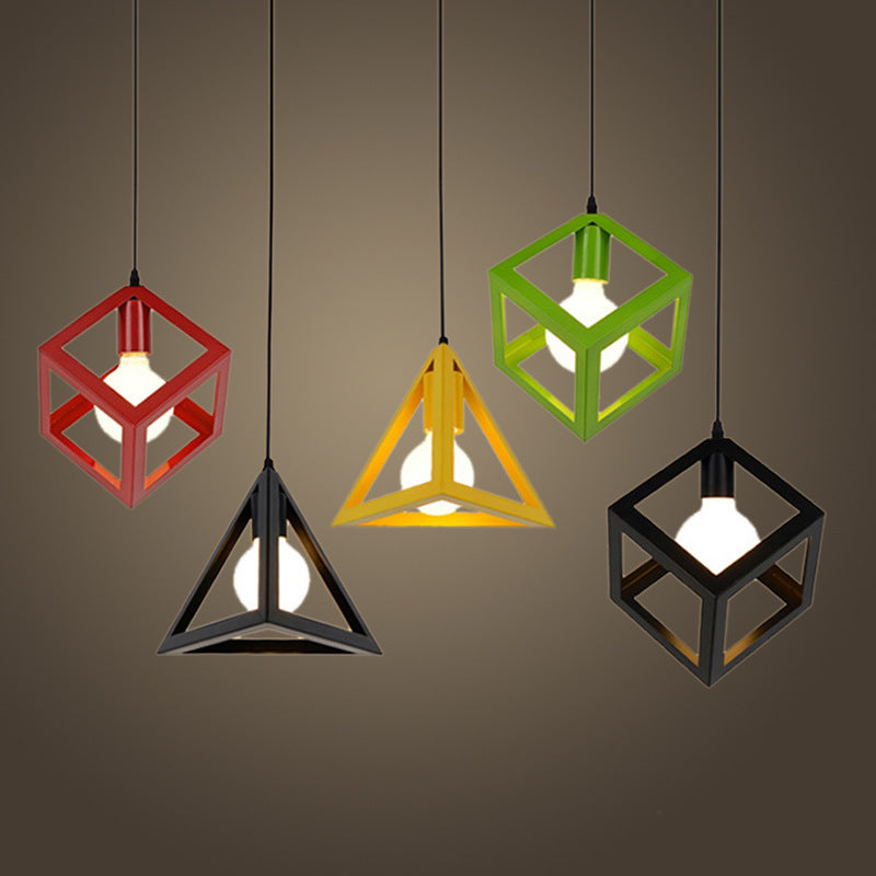 Contemporary Industrial Square Triangle Skeleton Iron 1-Light Pendant Light For Living Room