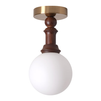 Traditional French Cylinder Orb Glass Ash Wood Iron 1-Light Semi-Flush Mount Ceiling Light For Living Room