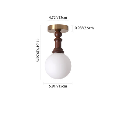 Traditional French Cylinder Orb Glass Ash Wood Iron 1-Light Semi-Flush Mount Ceiling Light For Living Room