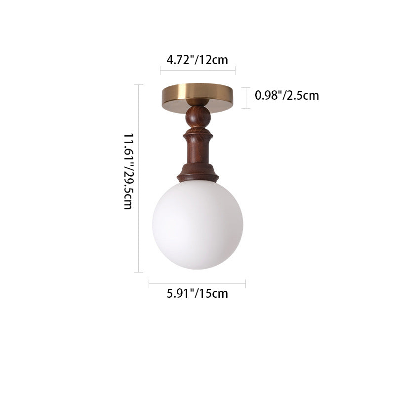 Traditional French Cylinder Orb Glass Ash Wood Iron 1-Light Semi-Flush Mount Ceiling Light For Living Room