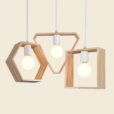 Contemporary Scandinavian Triangle Hexagonal Square Wood 1-Light Pendant Light For Living Room