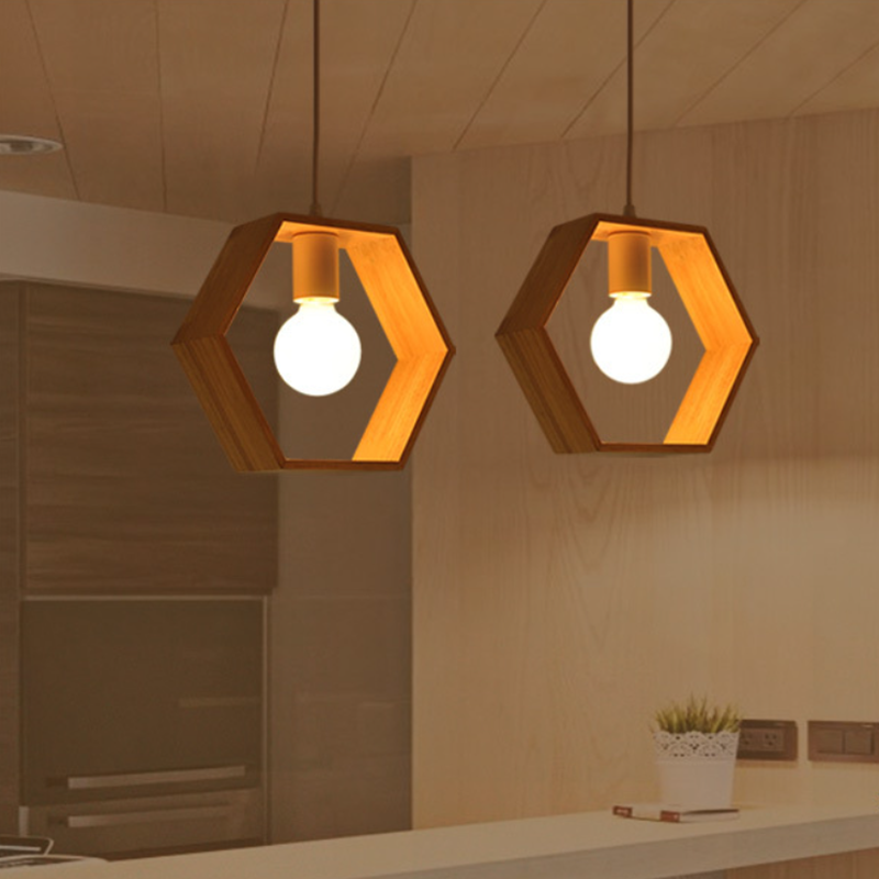 Contemporary Scandinavian Triangle Hexagonal Square Wood 1-Light Pendant Light For Living Room