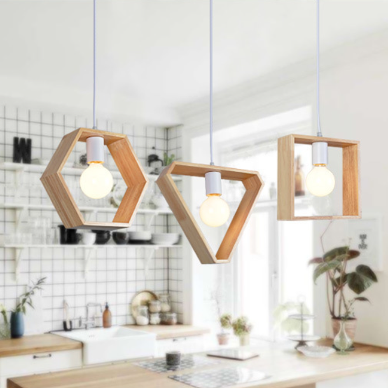 Contemporary Scandinavian Triangle Hexagonal Square Wood 1-Light Pendant Light For Living Room