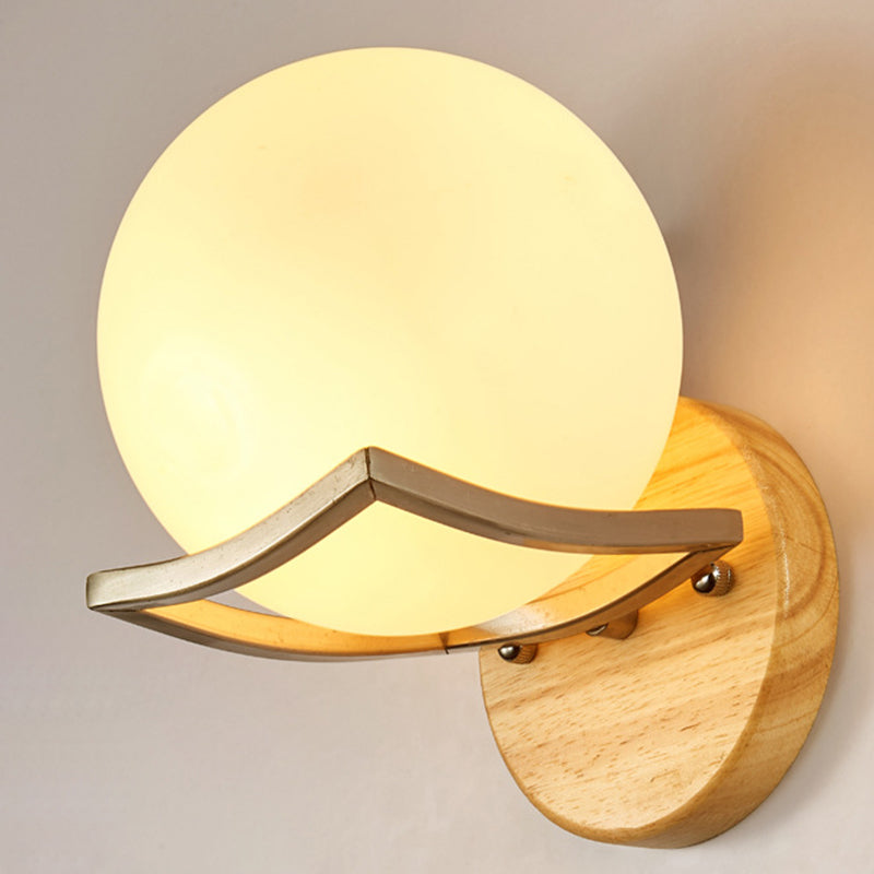 Contemporary Scandinavian Orb Round Glass Wood Metal 1-Light Wall Sconce Lamp For Living Room