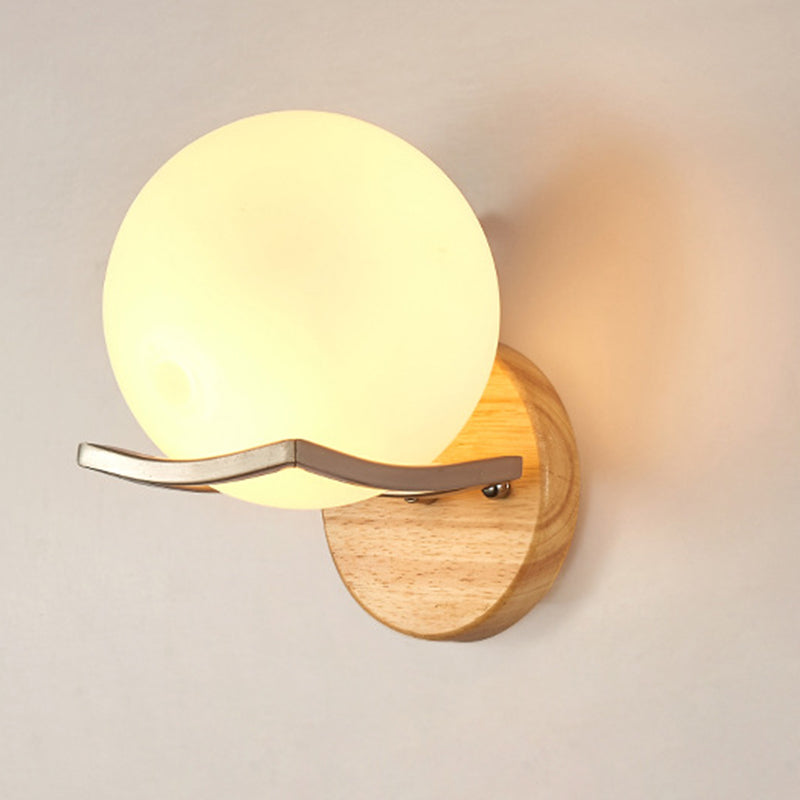 Contemporary Scandinavian Orb Round Glass Wood Metal 1-Light Wall Sconce Lamp For Living Room