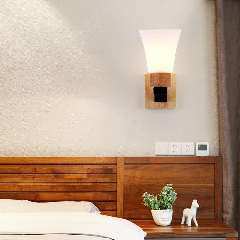 Modern Minimalist Square Glass Solid Wood Iron 1-Light Wall Sconce Lamp For Bedroom