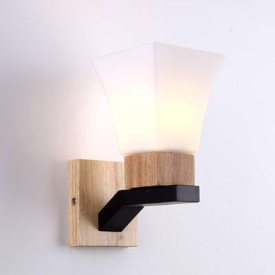 Modern Minimalist Square Glass Solid Wood Iron 1-Light Wall Sconce Lamp For Bedroom