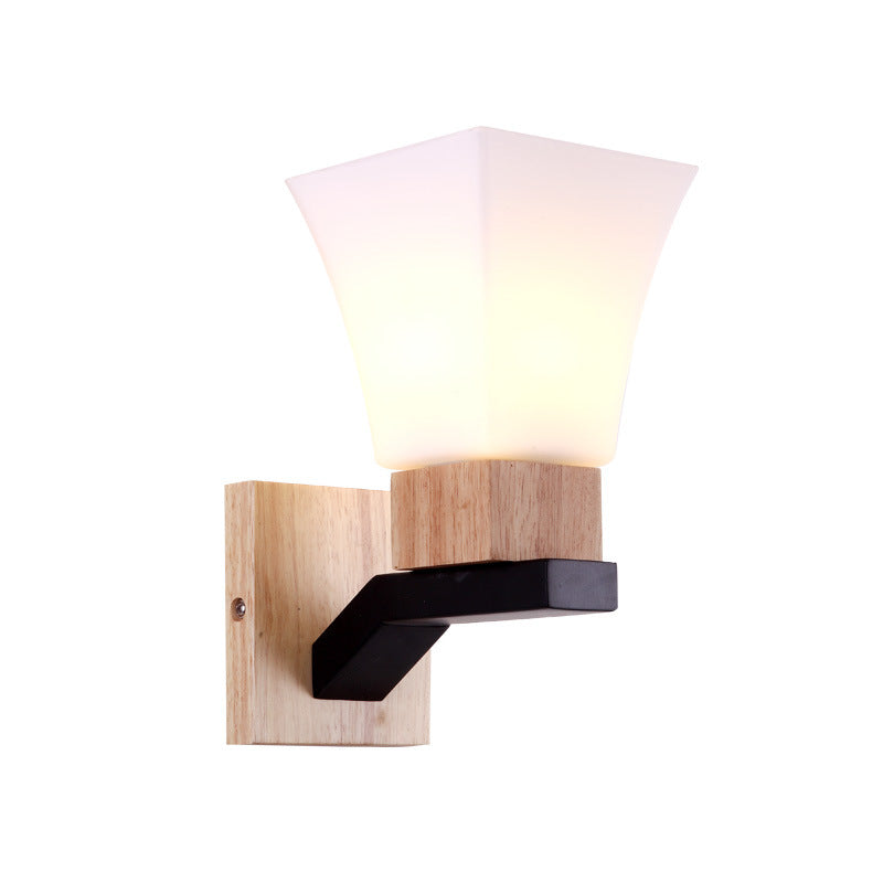 Modern Minimalist Square Glass Solid Wood Iron 1-Light Wall Sconce Lamp For Bedroom