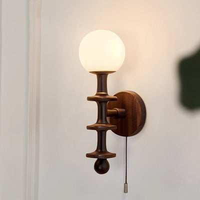 Traditional Chinese Cylinder Round Magic Bean Glass Wood 1-Light Wall Sconce Lamp For Living Room