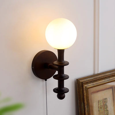 Traditional Chinese Cylinder Round Magic Bean Glass Wood 1-Light Wall Sconce Lamp For Living Room