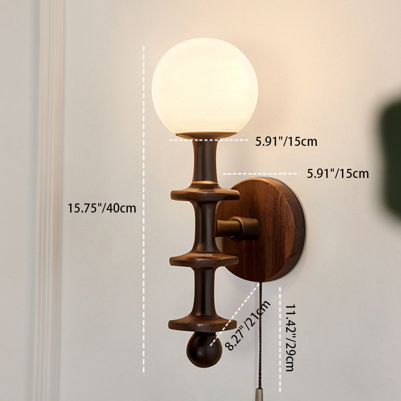 Traditional Chinese Cylinder Round Magic Bean Glass Wood 1-Light Wall Sconce Lamp For Living Room