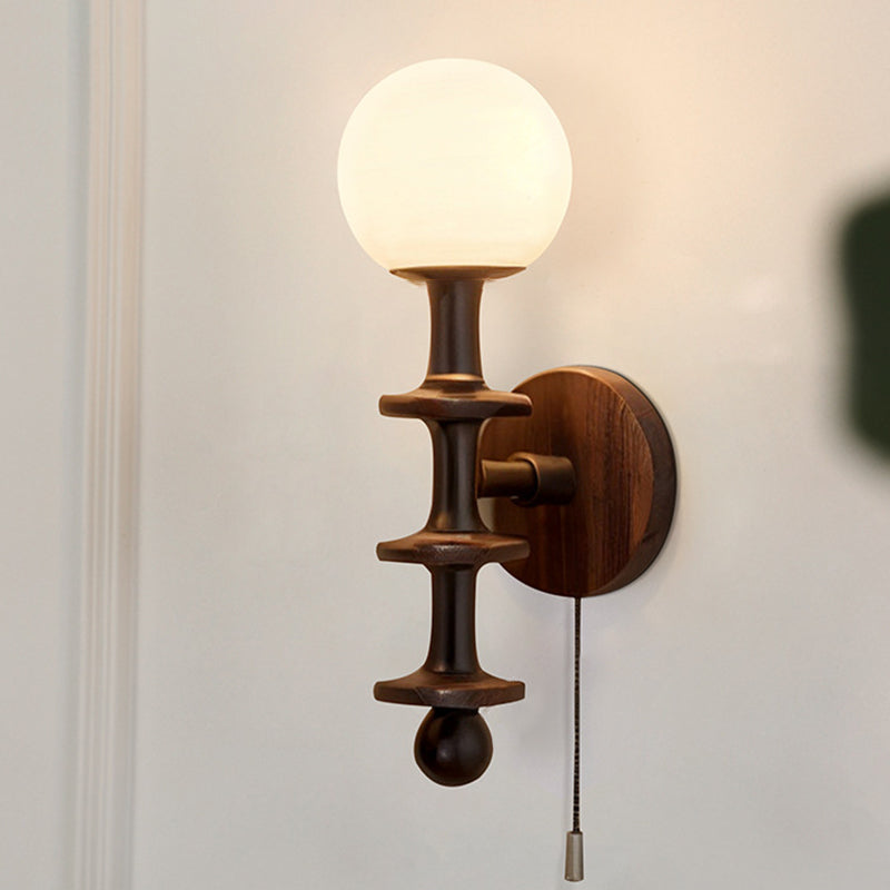 Traditional Chinese Cylinder Round Magic Bean Glass Wood 1-Light Wall Sconce Lamp For Living Room