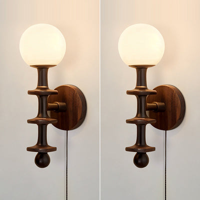 Traditional Chinese Cylinder Round Magic Bean Glass Wood 1-Light Wall Sconce Lamp For Living Room